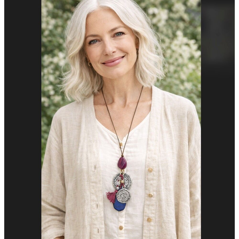 J Jill Lapis Charm Necklace Medallion Beaded Cord Adjustable 36" Boho Resort NWT